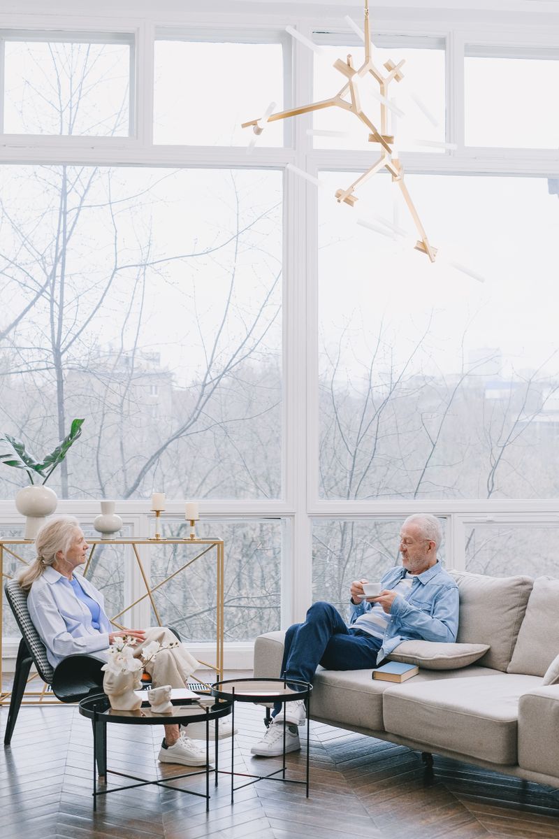 A cozy, minimalist living room with natural light streaming through large windows, featuring a few c